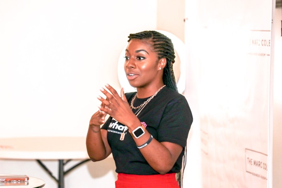 woman speaking confidently at meeting